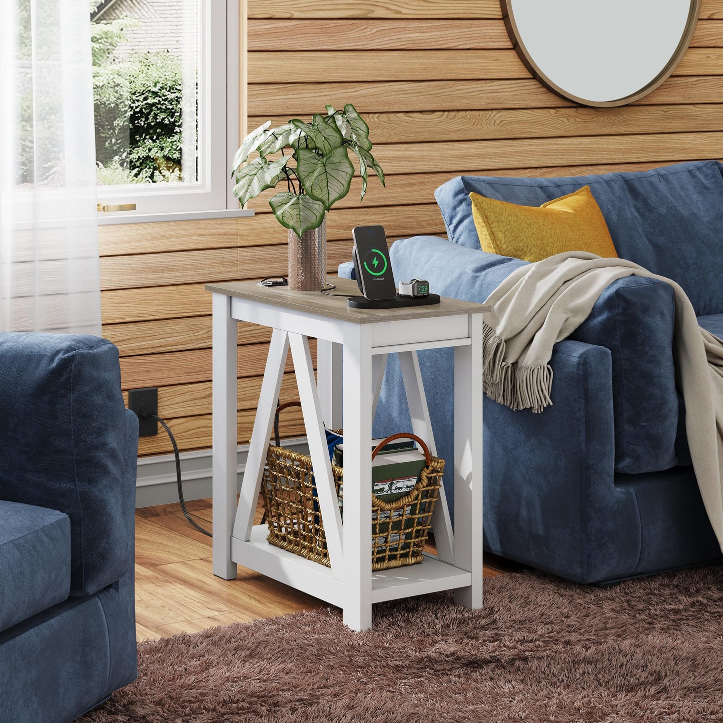 WLIVE Farmhouse End Table, Narrow Side Table with Charging Station, Slim End Table, Side Table for Bedroom, Living Room, Small Spaces, with 2 USB and 2 Power Outlets, 11.8" D x 23.6" W x 23.74" H
