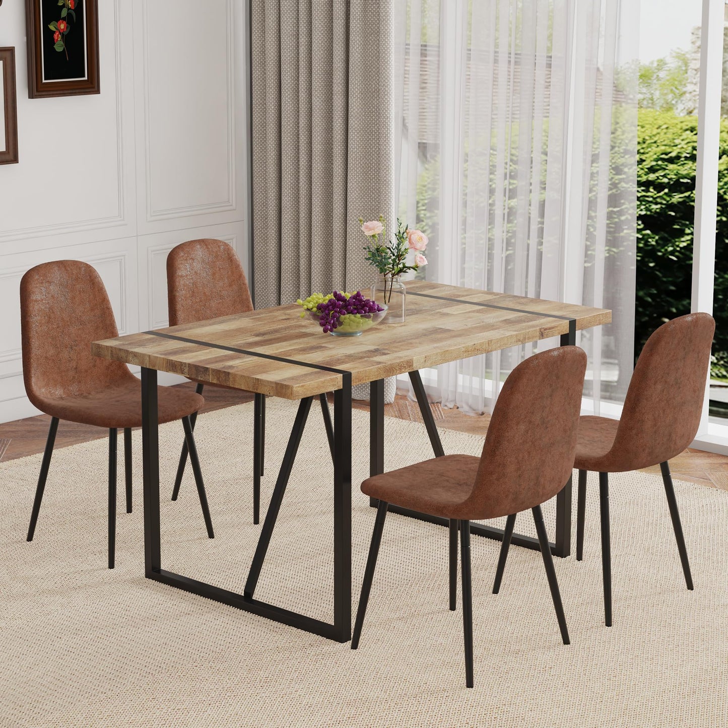 5 Piece Dining Table Set for 4, 55" Rustic Dinner Table Set for 4 with Rectangular Wood Table and 4 Suede Chairs, Modern Kitchen Table and Chairs Set of 4, Suitable for Living Dining Room Apartment
