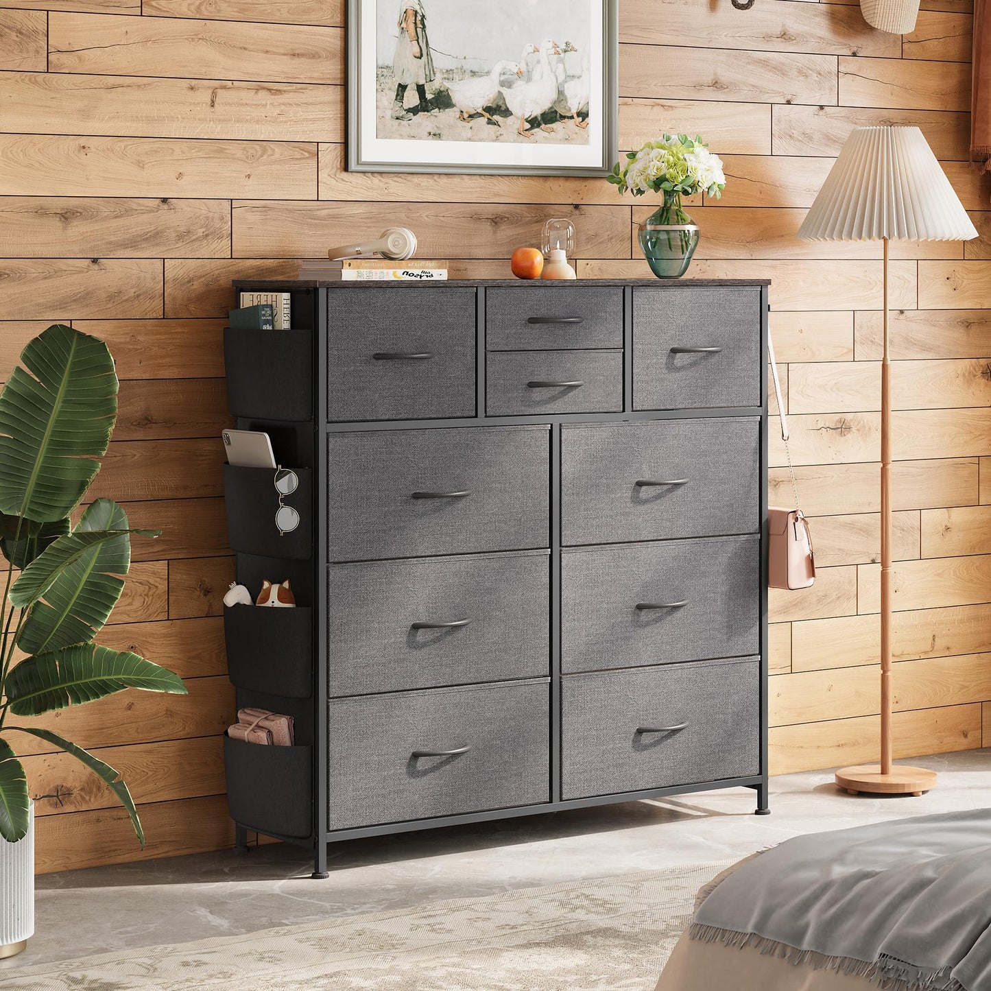 WLIVE Dresser for Bedroom with 10 Drawers, Fabric Dresser Chest of Drawers with Side Pockets and Hooks, Sturdy Metal Frame, Drawers Organizer Unit for Room, Hallway, Dark Gray