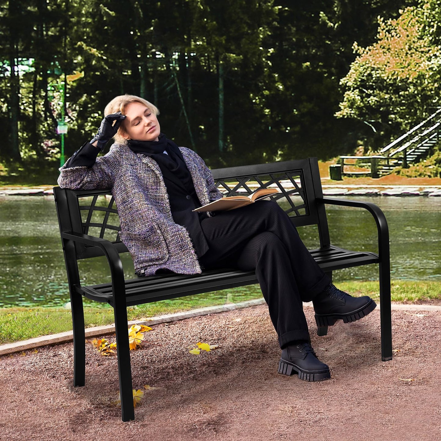 VEVOR Outdoor Bench, 46" Iron Steel Frame Garden Park Bench with Mesh Pattern and Plastic Backrest Armrests, Patio Bench for Garden, Park, Yard, Front Porch