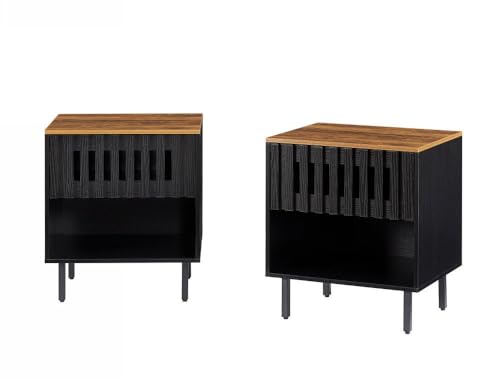 2 Set Nightstands with Grille Striped Doors, Mid Century Modern Nightstand, Bedside Table with Slatted Drawer Decor, End Tables Bedroom with Metal Legs,Room
