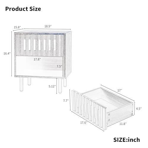 2 Set Nightstands with Grille Striped Doors, Mid Century Modern Nightstand, Bedside Table with Slatted Drawer Decor, End Tables Bedroom with Metal Legs,Room