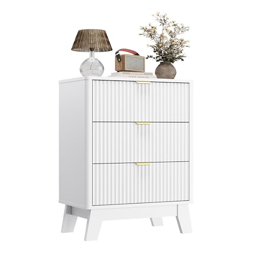Wodeer 24" Wide Fluted Nightstand Set of 2, Wood White Nightstands with 3 Drawers & Metal Handles, Modern Bedside Table End Tables for Bedroom, Farmhouse Night Stand Set of 2 for Bedroom