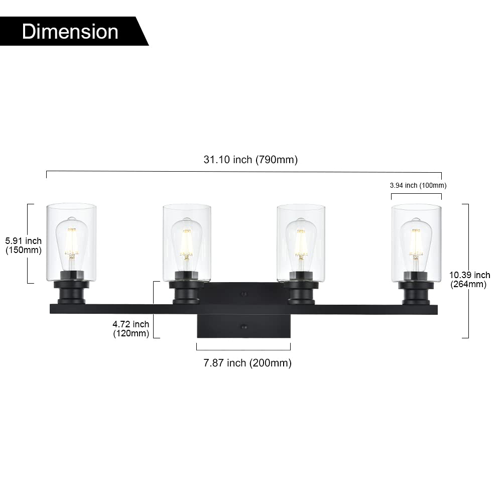 VINLUZ Industrial Indoor 4 Light Bathroom Vanity Light Black Wall Sconces with Clear Glass Shade,Classic Wall Lamp Lighting Fixture for Bathroom, Dressing Table
