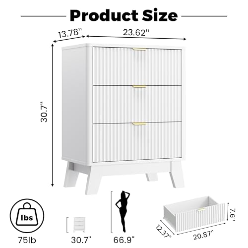 Wodeer 24" Wide Fluted Nightstand Set of 2, Wood White Nightstands with 3 Drawers & Metal Handles, Modern Bedside Table End Tables for Bedroom, Farmhouse Night Stand Set of 2 for Bedroom