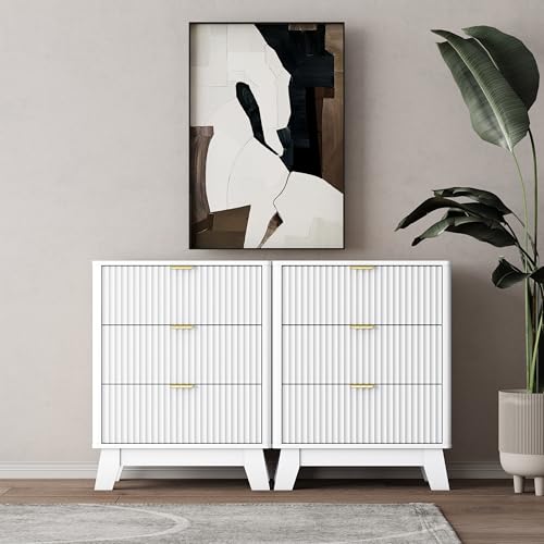 Wodeer 24" Wide Fluted Nightstand Set of 2, Wood White Nightstands with 3 Drawers & Metal Handles, Modern Bedside Table End Tables for Bedroom, Farmhouse Night Stand Set of 2 for Bedroom