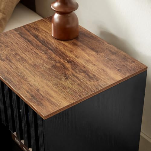 2 Set Nightstands with Grille Striped Doors, Mid Century Modern Nightstand, Bedside Table with Slatted Drawer Decor, End Tables Bedroom with Metal Legs,Room