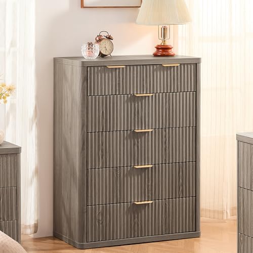 LEYAOYAO Fluted 6 Drawers Dresser for Bedroom, 43" Tall Modern Chest of Drawers with Metal Handle, Curved Profile Design,Grey Wood Drawer Organizer for Bedroom, Living Room, Hallway, Entryway
