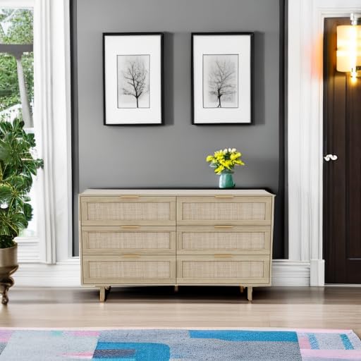 51" Rattan Dresser for Bedroom, 6 Drawer Wide Dresser, Boho&Farmhouse Chest of Drawers, Clothes Storage Cabinet, Metal Handle&Wood Legs for Hallway, Living Room, Bedroom, Wood