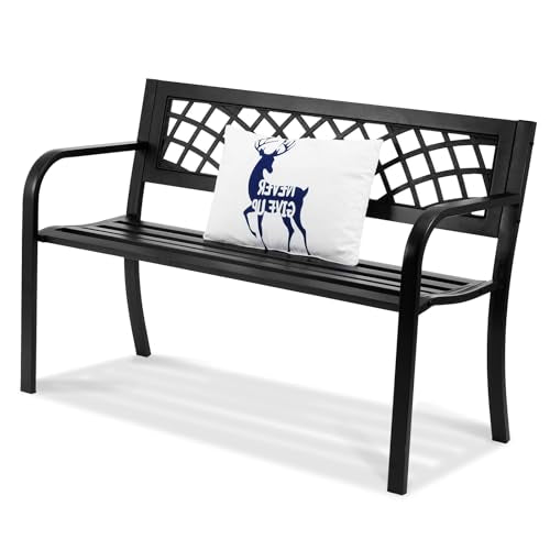 VEVOR Outdoor Bench, 46" Iron Steel Frame Garden Park Bench with Mesh Pattern and Plastic Backrest Armrests, Patio Bench for Garden, Park, Yard, Front Porch