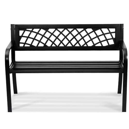 VEVOR Outdoor Bench, 46" Iron Steel Frame Garden Park Bench with Mesh Pattern and Plastic Backrest Armrests, Patio Bench for Garden, Park, Yard, Front Porch