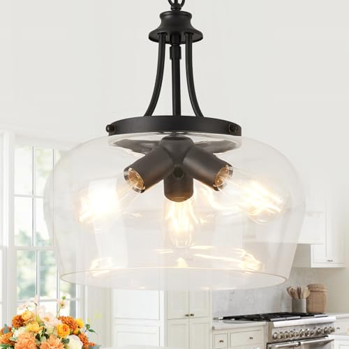 14.2" Black Chandelier, 3-Light Modern Ceiling Pendant Light Fixtures, Farmhouse Dining Room Light Fixtures Over Table, Industrial Pendant Lights Kitchen Island for Bedroom, Hallway, Foyer, Entryway