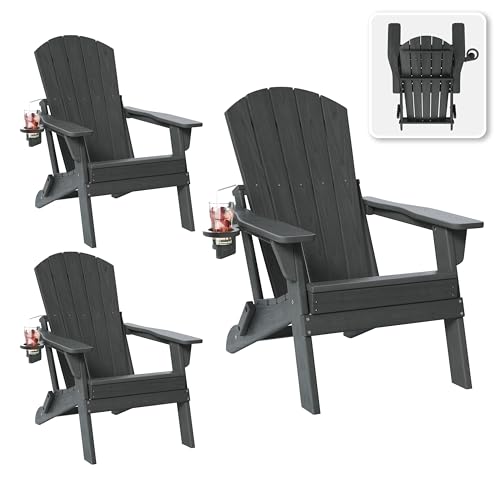 UNASKADI Folding Adirondack Chair Set of 3 with Cup Holder, HDPE All Weather Resistant Plastic Outdoor Patio Chairs, Heavy Duty Fire Pit Seating for Backyard Lawn Garden, Wooden Textured Design(Gray)