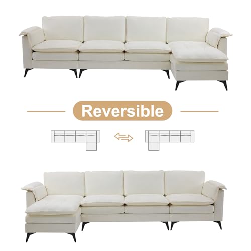 VINGLI 129” Oversized L-Shaped Cloud Sectional Sofa,Memory Foam Couch with Reversible Chaise Lounge,Comfy Couch with Double-Layer Deep Seat Cushions,Modern Sofa for Living Room,Chenille,Creamy White