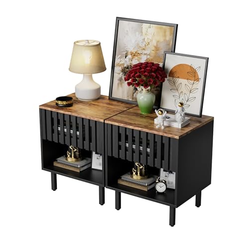 2 Set Nightstands with Grille Striped Doors, Mid Century Modern Nightstand, Bedside Table with Slatted Drawer Decor, End Tables Bedroom with Metal Legs,Room