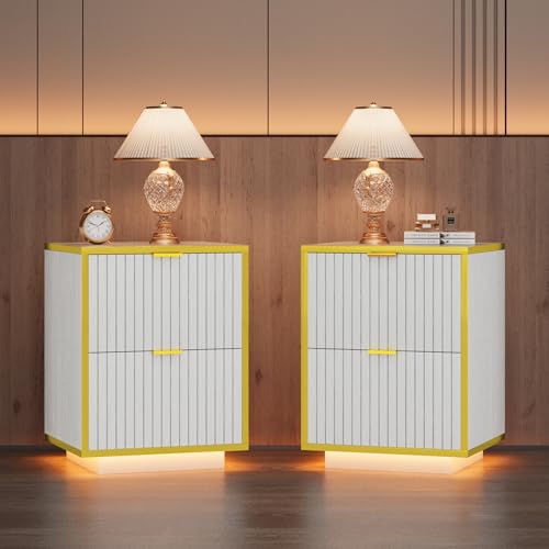 White and Gold Nightstand with LED Lights, White Nightstand with Storage, Modern Led End Table with 2 Fluted Drawers, Bed Side Table for Living Room, Set of 2, White and Gold