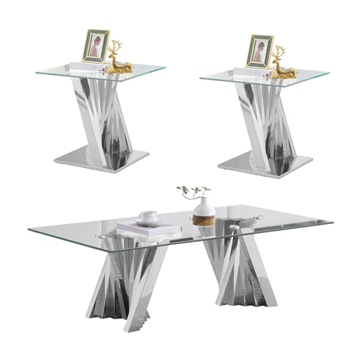 3 Piece Glass Coffee Table Set of 3 Modern Silver Living Room Table Set Include Coffee Table & 2 End Tables,Tempered Glass Top with Stainless Steel Base for Home Office