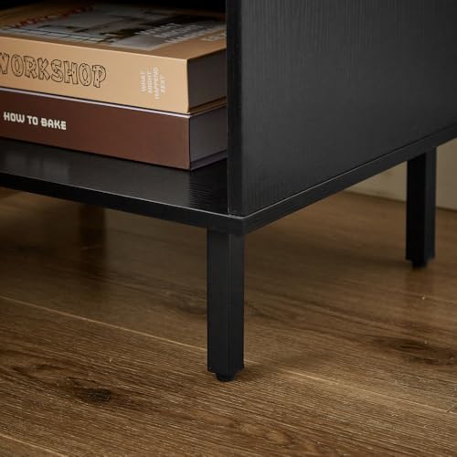 2 Set Nightstands with Grille Striped Doors, Mid Century Modern Nightstand, Bedside Table with Slatted Drawer Decor, End Tables Bedroom with Metal Legs,Room