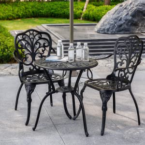 Withniture 3 Piece Patio Bistro Set Cast Aluminum Bistro Table and Chairs Set of 2 with Umbrella Hole,All Weather Metal Bistro Table Set,Outdoor Patio Furniture Set for Garden(Butterfly Black)