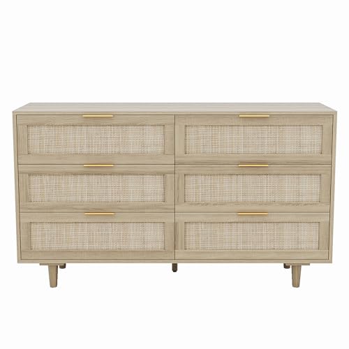 51" Rattan Dresser for Bedroom, 6 Drawer Wide Dresser, Boho&Farmhouse Chest of Drawers, Clothes Storage Cabinet, Metal Handle&Wood Legs for Hallway, Living Room, Bedroom, Wood