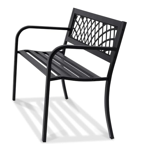 VEVOR Outdoor Bench, 46" Iron Steel Frame Garden Park Bench with Mesh Pattern and Plastic Backrest Armrests, Patio Bench for Garden, Park, Yard, Front Porch