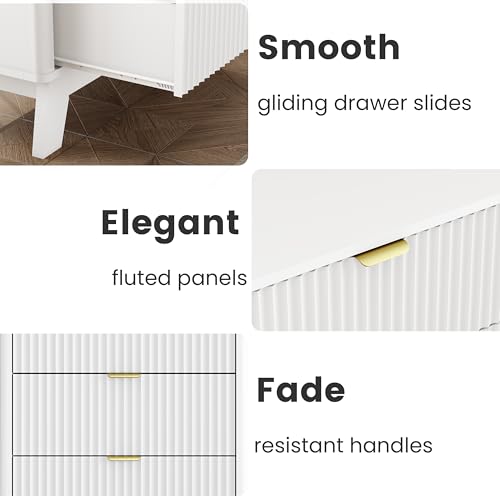 Wodeer 24" Wide Fluted Nightstand Set of 2, Wood White Nightstands with 3 Drawers & Metal Handles, Modern Bedside Table End Tables for Bedroom, Farmhouse Night Stand Set of 2 for Bedroom