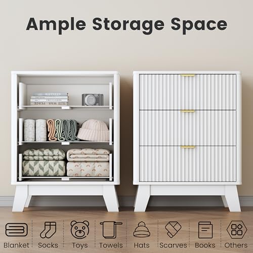 Wodeer 24" Wide Fluted Nightstand Set of 2, Wood White Nightstands with 3 Drawers & Metal Handles, Modern Bedside Table End Tables for Bedroom, Farmhouse Night Stand Set of 2 for Bedroom