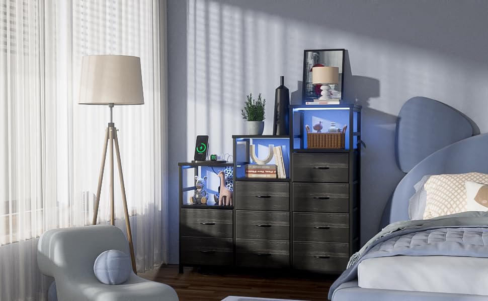 HPWLYO 9 Drawer Dresser with LED Light, Tall Fabric Drawers Dresser for Bedroom with Power Outlets, Dressers & Chests of Drawers with 3 Shelves for Bedroom