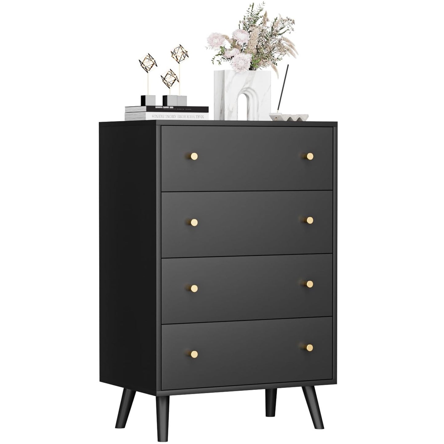Wananlanen Black Dresser 4 Drawer, Chest of Drawers for Bedroom, Modern Black Dresser with Gold Handles for Bedroom