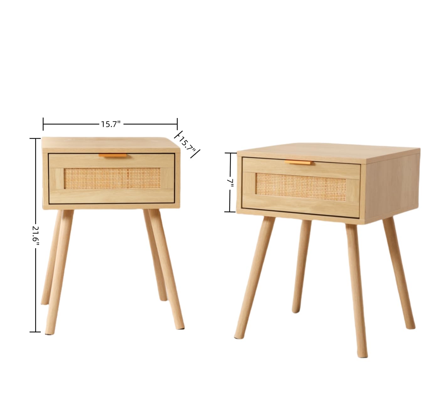 FUQARHY Rattan Nightstand Set of 2, Boho Side Table with Drawer, Mid Century Modern, End Table with Wood Legs for Bedroom, Dorm and Small Spaces