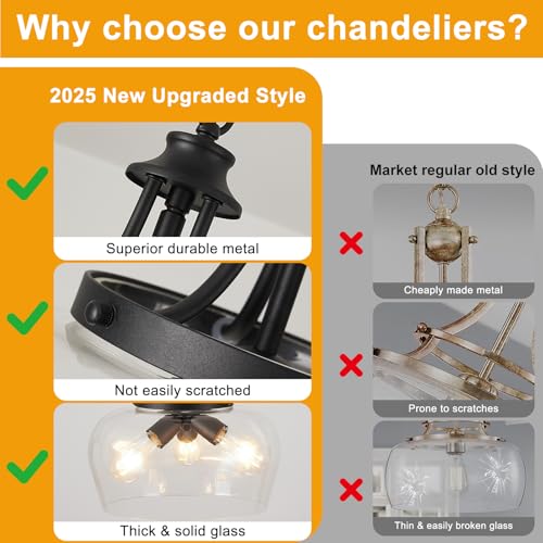 14.2" Black Chandelier, 3-Light Modern Ceiling Pendant Light Fixtures, Farmhouse Dining Room Light Fixtures Over Table, Industrial Pendant Lights Kitchen Island for Bedroom, Hallway, Foyer, Entryway