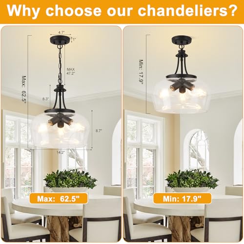 14.2" Black Chandelier, 3-Light Modern Ceiling Pendant Light Fixtures, Farmhouse Dining Room Light Fixtures Over Table, Industrial Pendant Lights Kitchen Island for Bedroom, Hallway, Foyer, Entryway