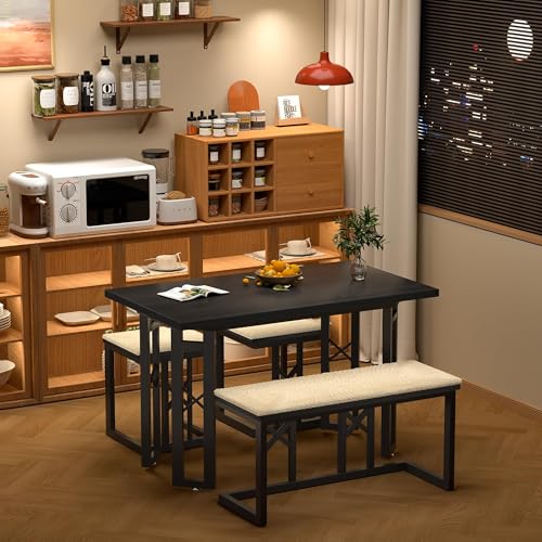 VECELO 43.3" Dining Table Sets, Farmhouse Kitchen Table for 4 with 3 Seats & Wicker Seat Cushions,Metal Frame Space-Saving Adjustable Feets Coffee Table for Home Kitchen Dining, Pitch Black