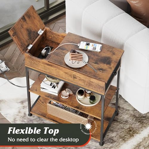 WLIVE Narrow Side Table with Charging Station, End Table for Living Room, Couch Side Table with Fabric Drawer for Bedroon, 11.8‘’W 23.6‘’L 24‘’H, Rustic Brown