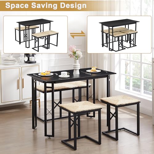 VECELO 43.3" Dining Table Sets, Farmhouse Small Kitchen Table for 4 with 2 Benches Wicker Mats,Metal Frame Space-Saving Adjustable Feets Coffee Table for Home Kitchen Dining, Pitch Black