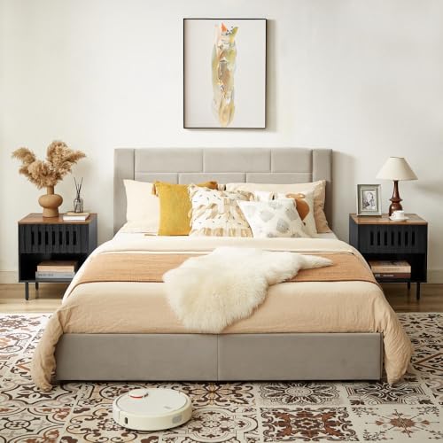 2 Set Nightstands with Grille Striped Doors, Mid Century Modern Nightstand, Bedside Table with Slatted Drawer Decor, End Tables Bedroom with Metal Legs,Room