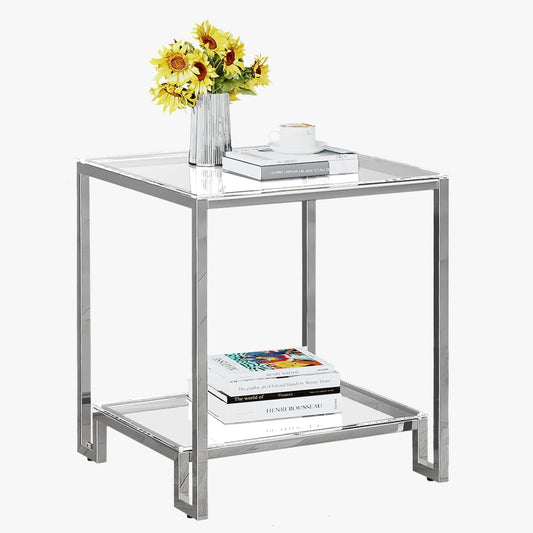 2 Tier Square End Table Side Table with Tempered Glass Top and Silver Stainless Steel Frame Modern Night Stand for Small Spaces Side Table with Storage for Living Room Bedroom