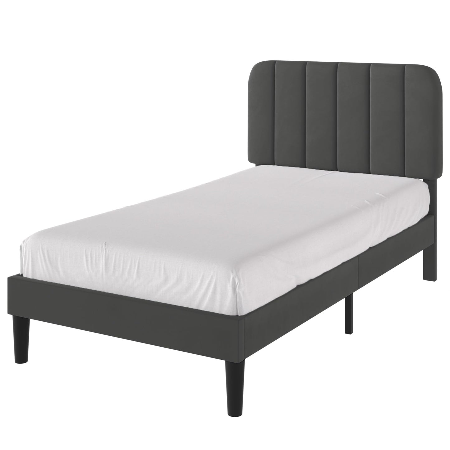 VECELO Twin Size Bed Frame with Upholstered Headboard, Velvet Platform Bedframe Mattress Foundation, Strong Wood Slat Support, No Box Spring Needed,Grey