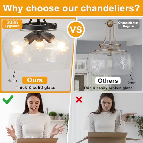 14.2" Black Chandelier, 3-Light Modern Ceiling Pendant Light Fixtures, Farmhouse Dining Room Light Fixtures Over Table, Industrial Pendant Lights Kitchen Island for Bedroom, Hallway, Foyer, Entryway