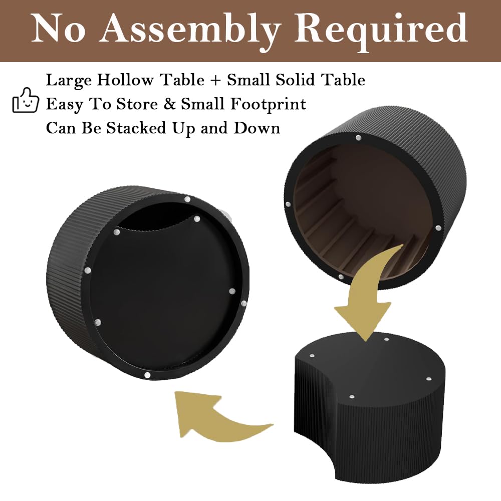 WUPDPQS Round Nesting Coffee Table Black Round Fluted Coffee Table Set of 2 for Living Room Small Circle Drum Coffee Tables Crescent End Table (Black B 27in)