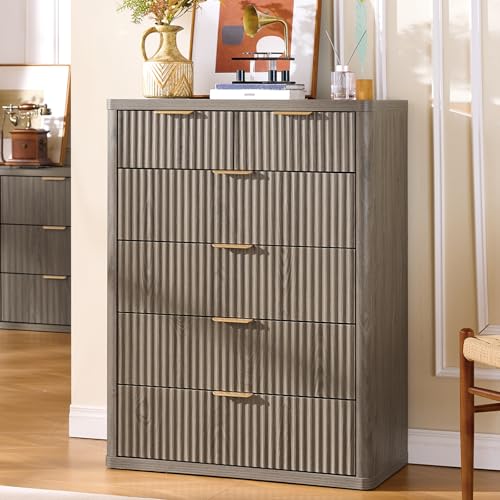 LEYAOYAO Fluted 6 Drawers Dresser for Bedroom, 43" Tall Modern Chest of Drawers with Metal Handle, Curved Profile Design,Grey Wood Drawer Organizer for Bedroom, Living Room, Hallway, Entryway