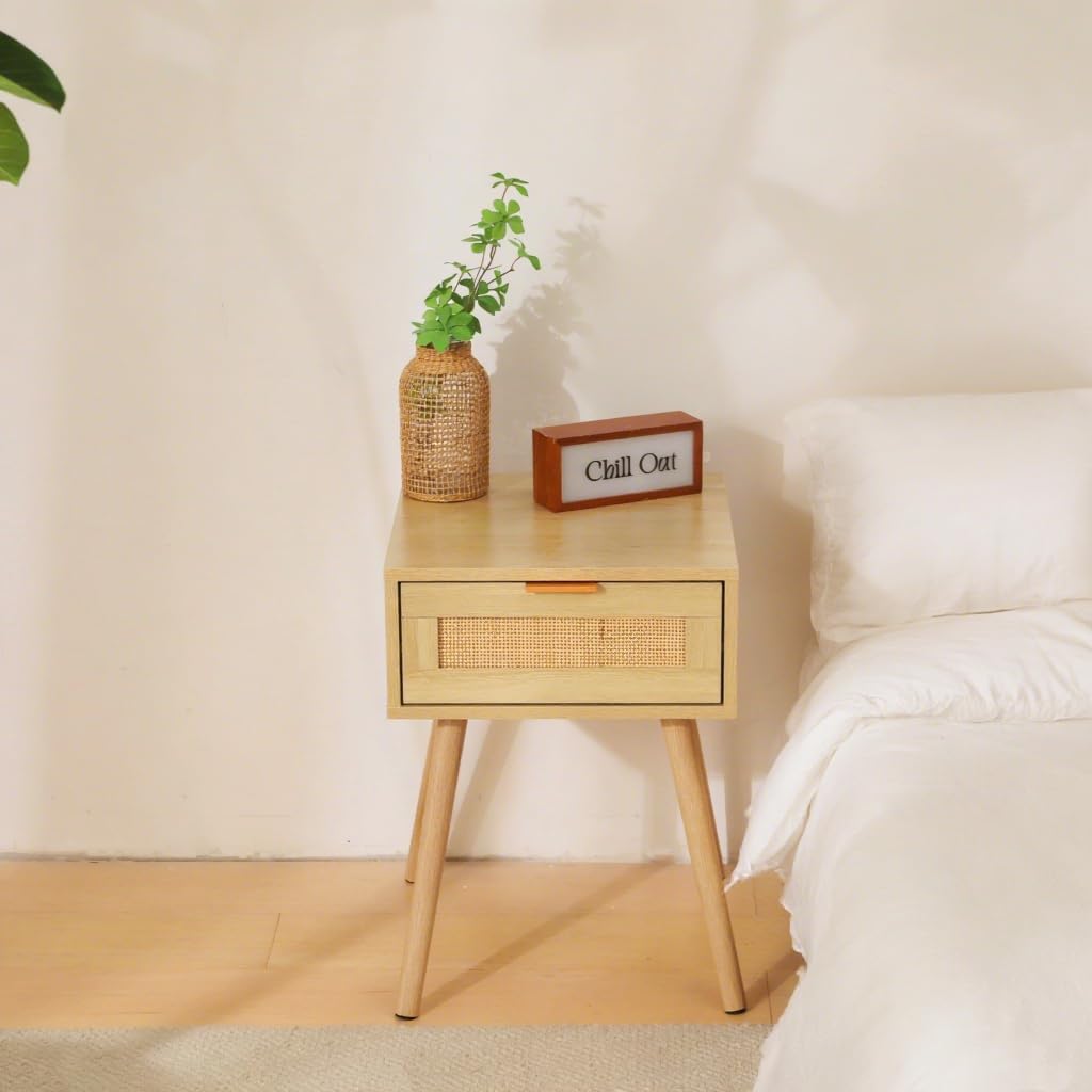 FUQARHY Rattan Nightstand Set of 2, Boho Side Table with Drawer, Mid Century Modern, End Table with Wood Legs for Bedroom, Dorm and Small Spaces