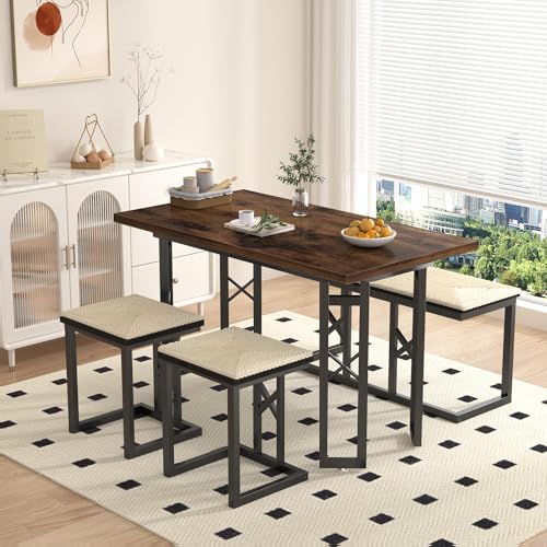 VECELO 43.3" Farmhouse Dining Table Sets, Kitchen Table for 4 with 3 Seats & Wicker Seat Cushions,Metal Frame Space-Saving Adjustable Feets Coffee Table for Home Kitchen Dining, Dark Brown