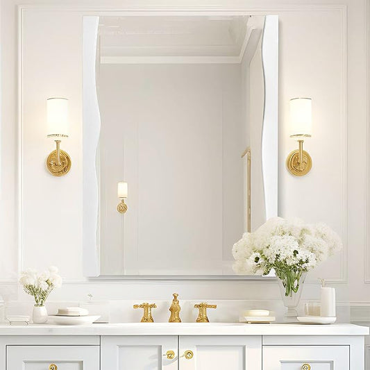 Tanmicoshomy White Bathroom Mirror 24x36 Inch, Asymmetrical Live Edge Wood Framed Rectangle Wall Mirrors for Bathroom, Bedroom or Living Room, Vertical or Horizontal Hanging