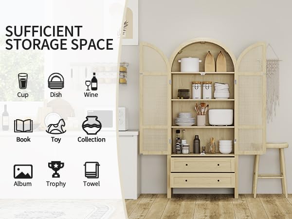 Woenei Arched Kitchen Pantry Cabinet, 71" Tall Arched Bookcase Rattan Storage Cabinet with Doors and Drawers Adjustable Shelves,Farmhouse Freestanding Cupboard for Bathroom,Living Room,Dining Room