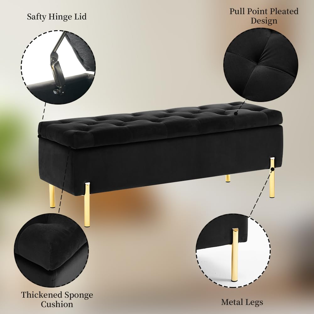 TUOMUR 45.6 Inch Velvet Storage Ottoman, Rectangular Accent Bench for Bedroom & Living Room, Black