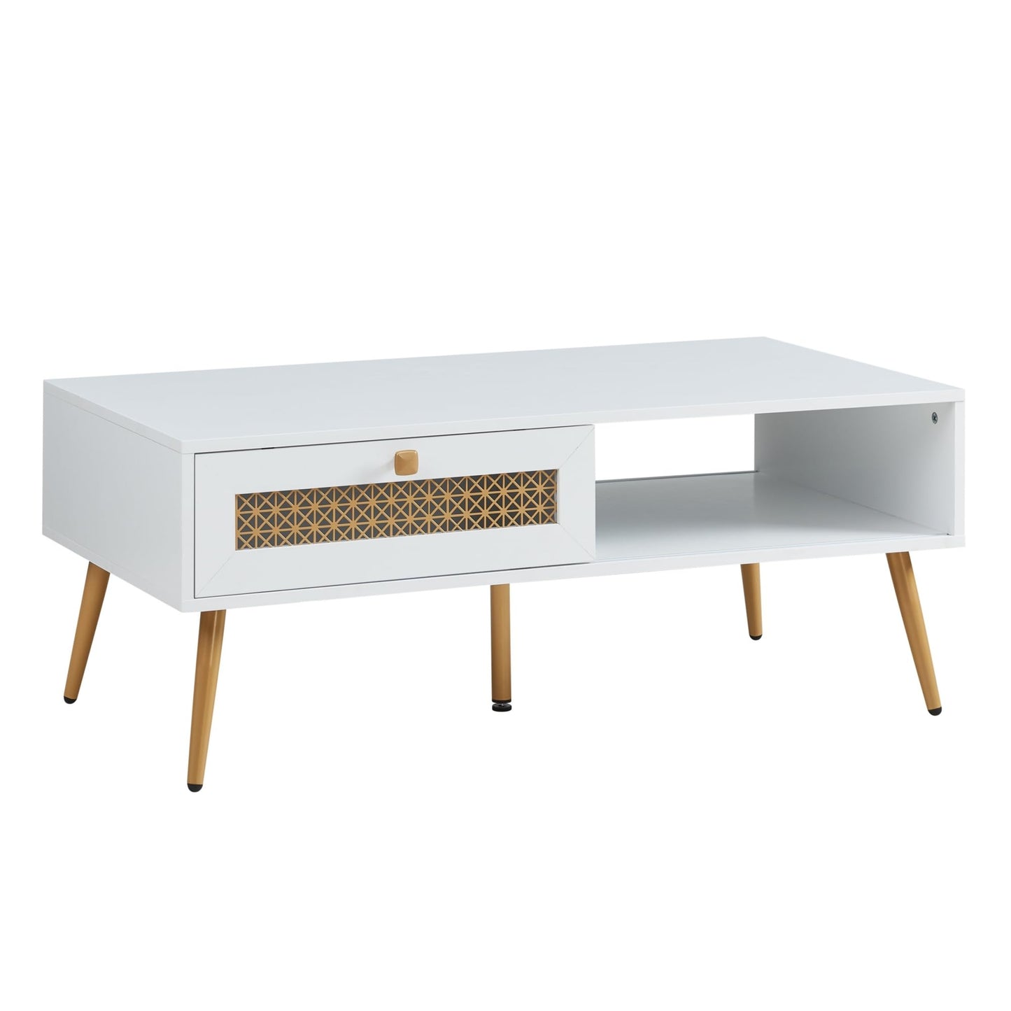Wooden Mid Century Modern Coffee Table, Retangle Coffee Table with Sliding Door for Living Room, White