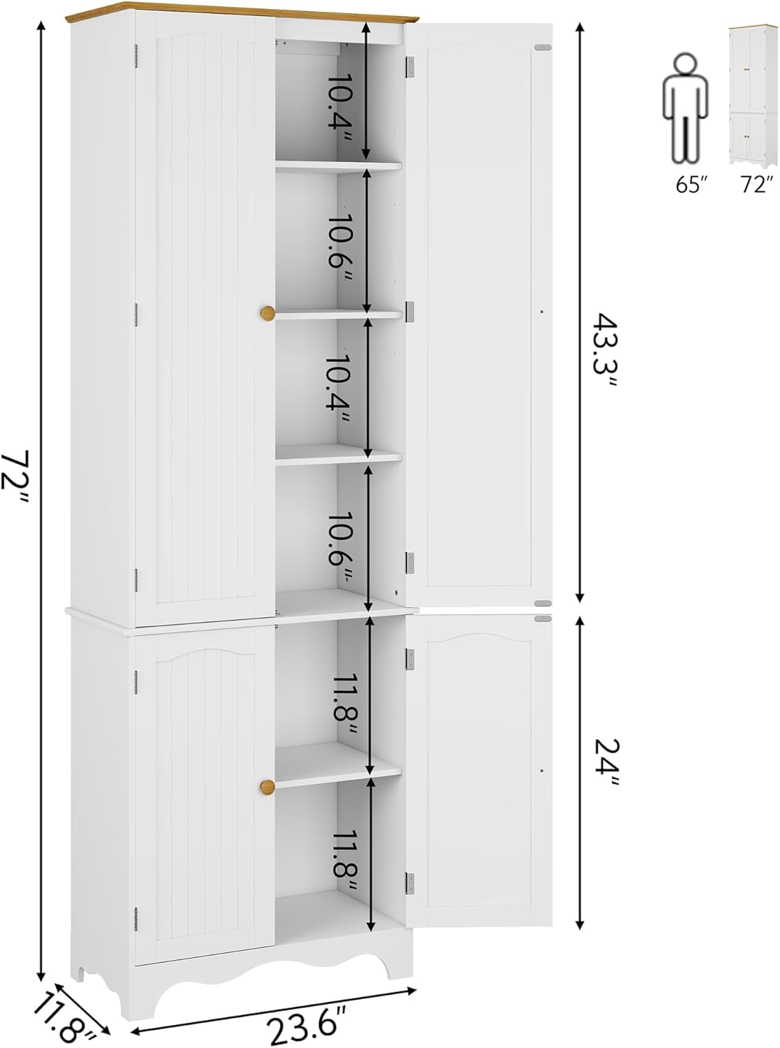 Yusong 72'' Tall Kitchen Pantry Cabinet, Freestanding Storage Cabinet with Doors and Shelves, Wooden Food Pantry Farmhouse Cupboard Buffet for Kitchen Dining Living Room, White
