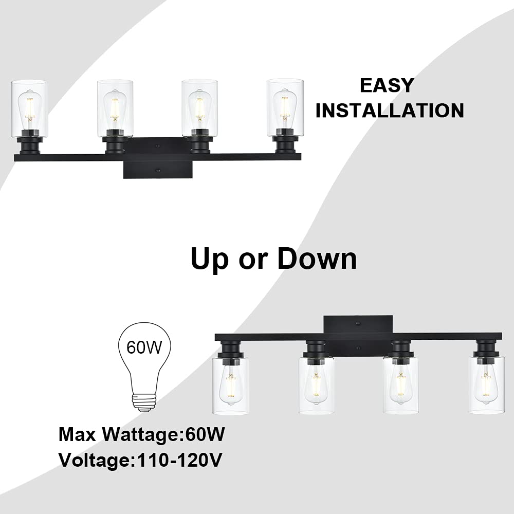 VINLUZ Industrial Indoor 4 Light Bathroom Vanity Light Black Wall Sconces with Clear Glass Shade,Classic Wall Lamp Lighting Fixture for Bathroom, Dressing Table