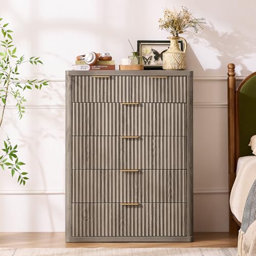 LEYAOYAO Fluted 6 Drawers Dresser for Bedroom, 43" Tall Modern Chest of Drawers with Metal Handle, Curved Profile Design,Grey Wood Drawer Organizer for Bedroom, Living Room, Hallway, Entryway